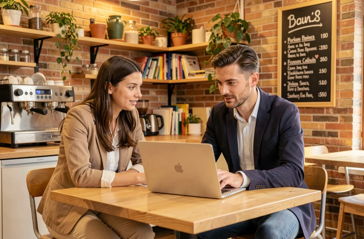 Deux collègues en discussion dans un espace coworking convivial à Nice