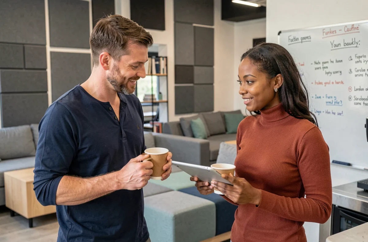 Deux collègues discutant autour d'un espace café dans un coworking partagé à Ivry-sur-Seine