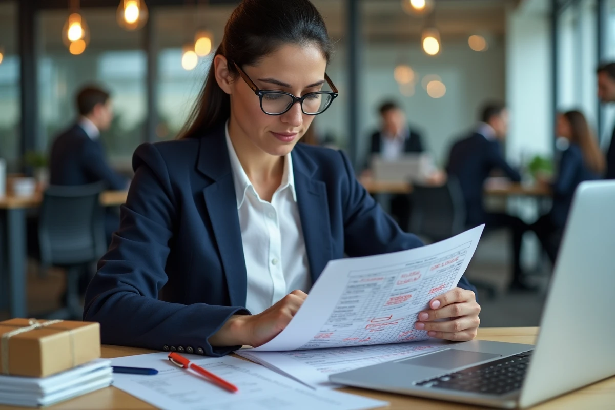 Comptable femme corrigeant des erreurs dans un grand livre avec un cadeau salarié posé sur le bureau