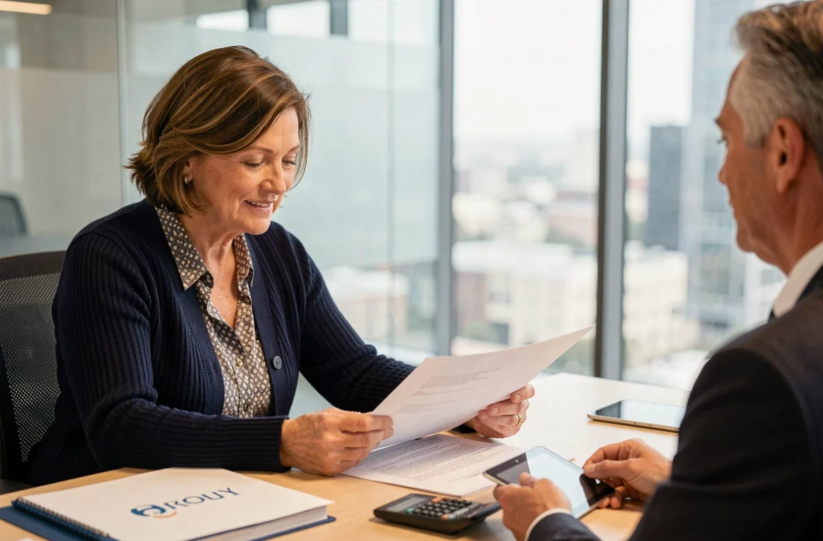 Auto-entrepreneuse discutant de la déclaration de son activité principale avec un conseiller financier dans un bureau professionnel