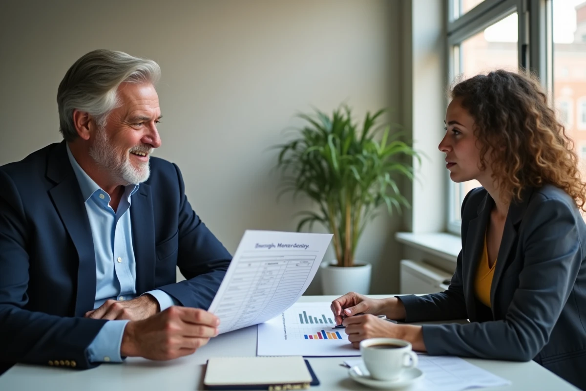 Conseiller d'insertion et travailleur ESAT examinant ensemble un comparatif de salaire net mensuel