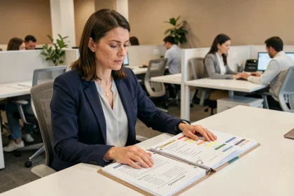 Conseillère Pôle emploi consultant le référentiel ROME sur des documents imprimés dans une agence moderne