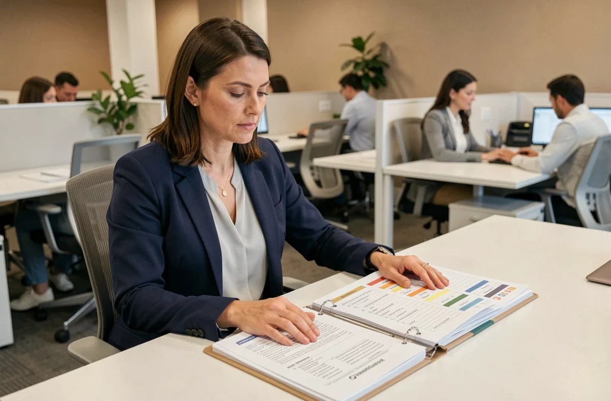 Conseillère Pôle emploi consultant le référentiel ROME sur des documents imprimés dans une agence moderne