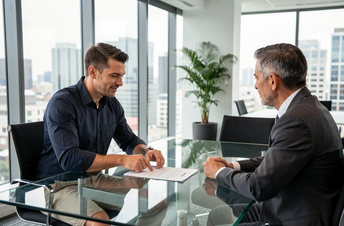 Consultant en portage salarial lors d'une réunion client dans un espace de coworking moderne