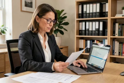 Consultante indépendante en portage salarial travaillant depuis son bureau à domicile avec des contrats et un ordinateur portable