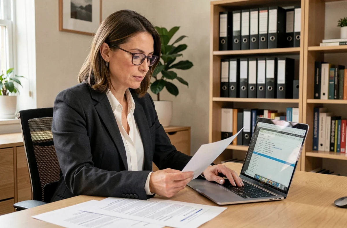 Consultante indépendante en portage salarial travaillant depuis son bureau à domicile avec des contrats et un ordinateur portable