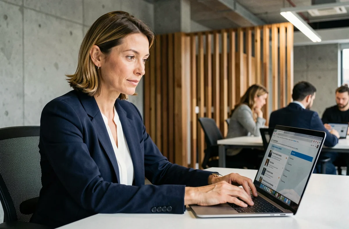 Consultante indépendante en portage salarial recherchant une mission sur ordinateur dans un espace de coworking moderne