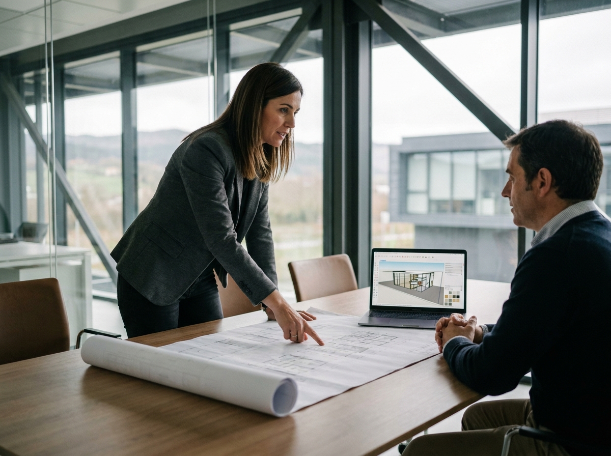 Consultante présentant un projet de structure de stockage sur plan technique à un client en réunion d'affaires