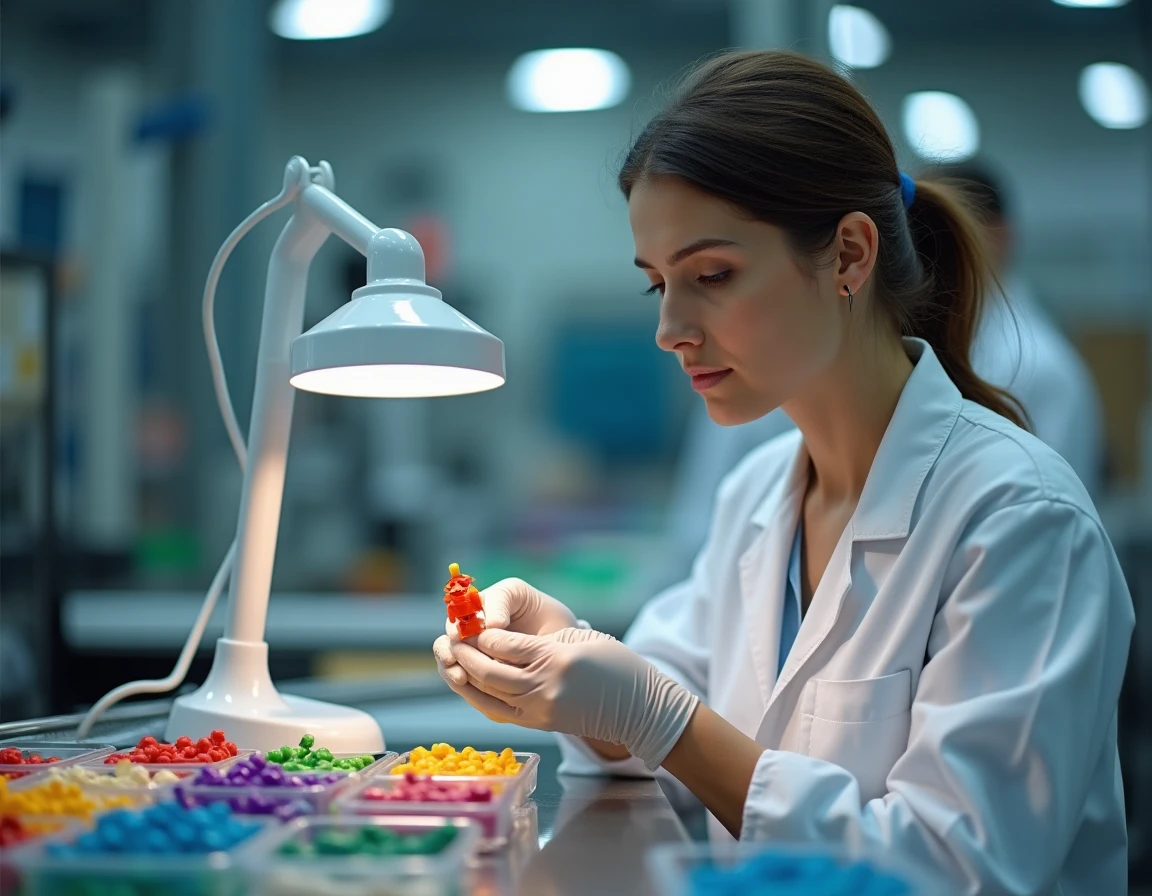 Technicienne contrôlant la qualité d'une figurine Playmobil dans une usine de production européenne
