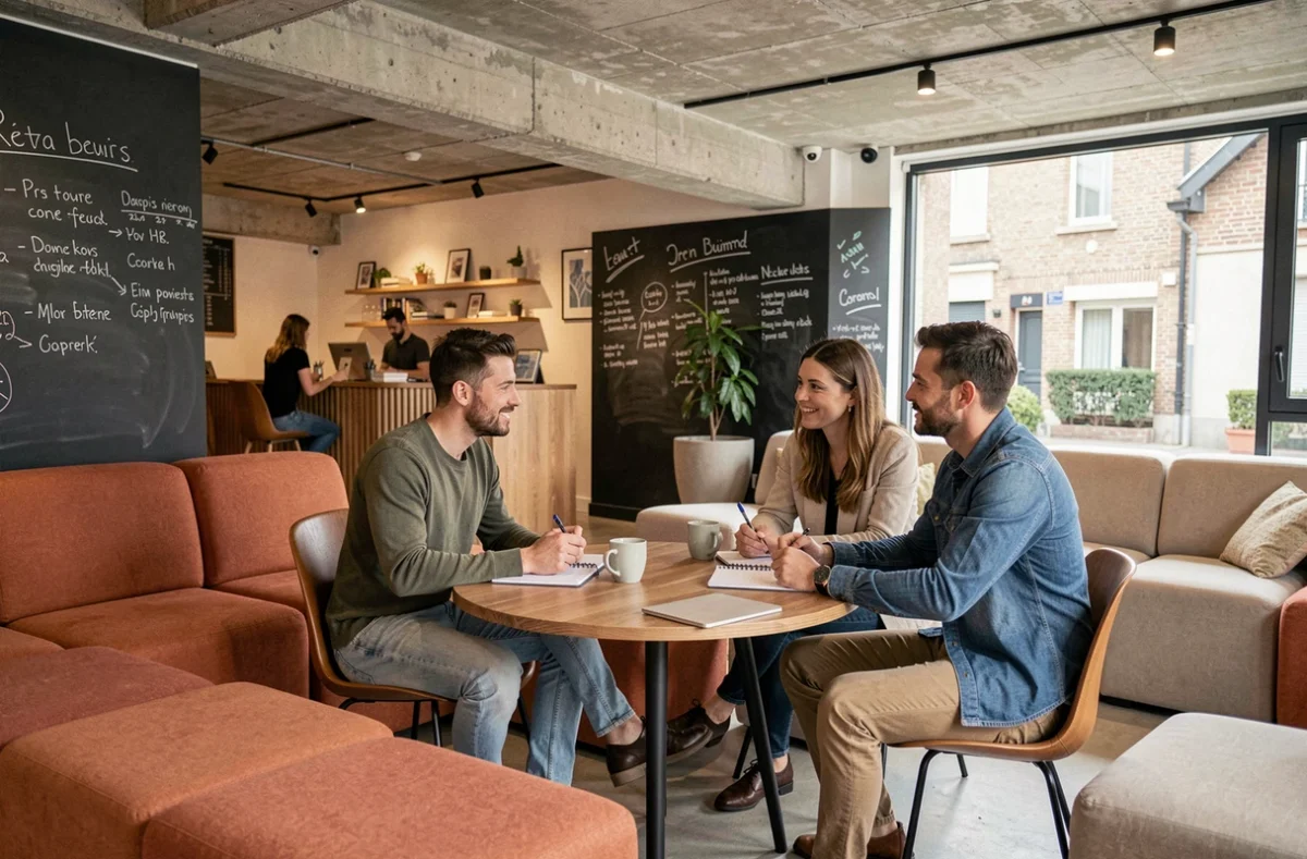 Groupe de professionnels en réunion informelle dans la salle de détente d'un espace de coworking à Asnières-sur-Seine