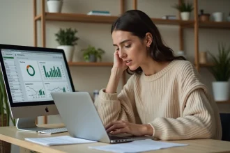 Jeune femme créatrice de contenu analysant ses revenus sur un ordinateur portable dans un bureau à domicile moderne