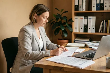 Femme auto-entrepreneuse déclarant son activité principale sur des documents administratifs dans un bureau à domicile