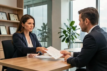 Employée remettant une demande de rupture conventionnelle à son responsable RH dans un bureau moderne