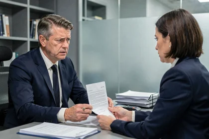 Employé tendant une lettre de démission à un responsable RH dans un bureau d'entreprise lors d'un entretien formel