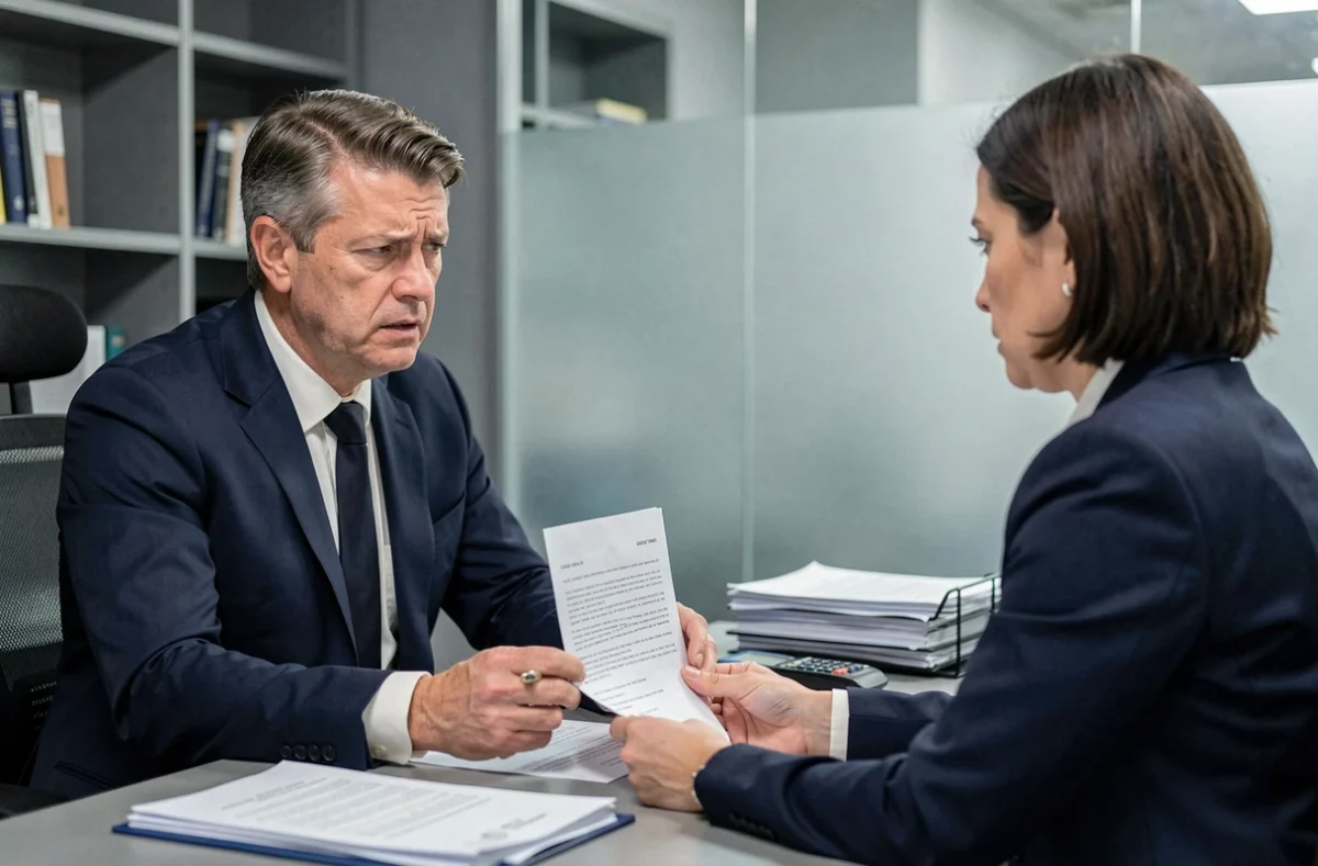 Employé tendant une lettre de démission à un responsable RH dans un bureau d'entreprise lors d'un entretien formel