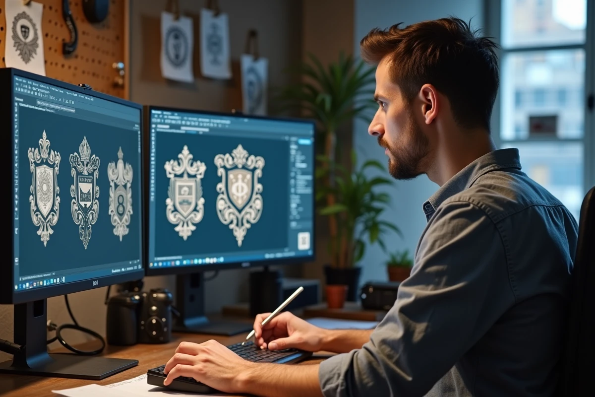 Designer graphique travaillant sur des variations de logo de notaire sur ordinateur dans un studio créatif