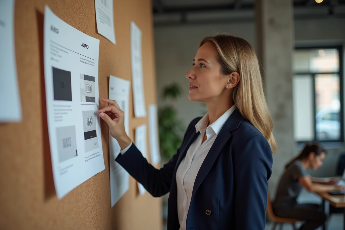 Directrice marketing B2B présentant un moodboard d'identité de marque dans un bureau moderne