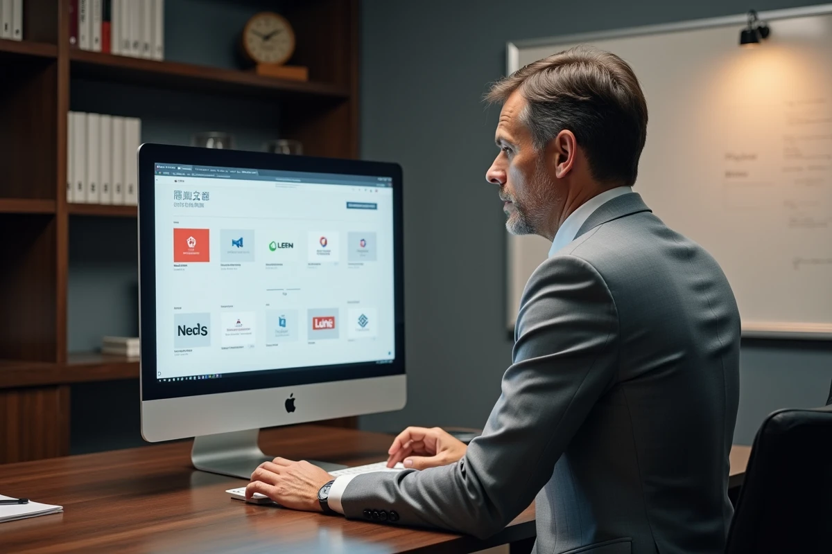 Dirigeant d'entreprise B2B travaillant sur un système d'identité visuelle de marque à l'écran