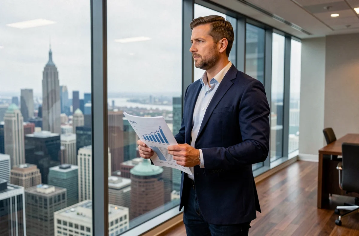 Chef d'entreprise en costume navy contemplant le paysage urbain depuis un bureau en hauteur, symbolisant la vision stratégique et les enjeux de croissance