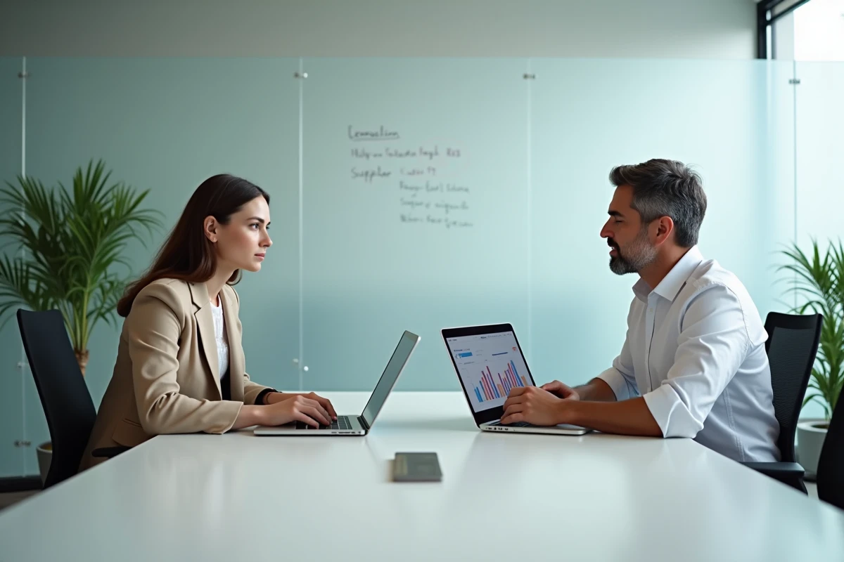 Deux dirigeants de PME en réunion discutant de l'adoption d'une plateforme B2B comme Vixionb2b dans une salle de conférence