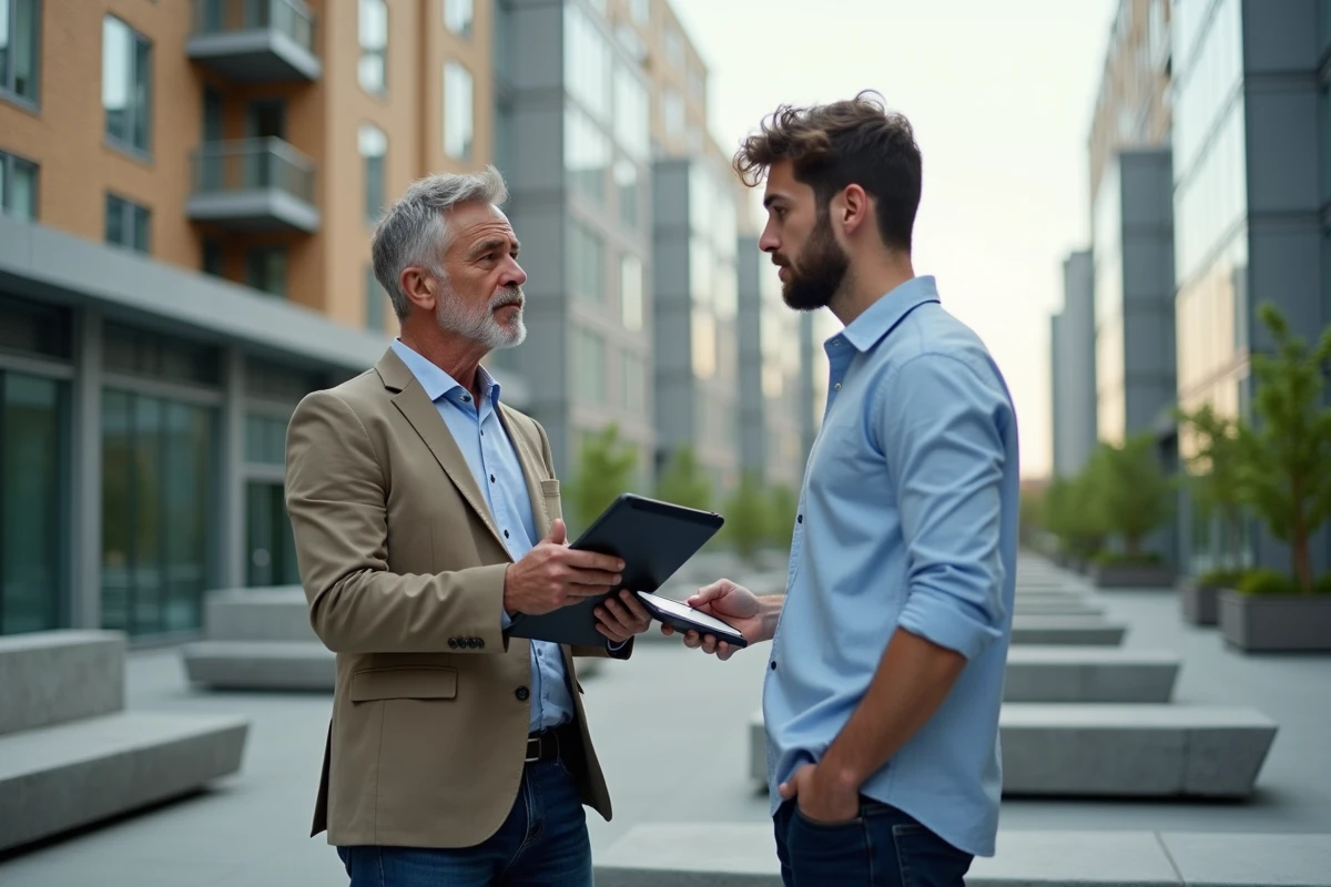 Deux hommes discutant en extérieur urbain