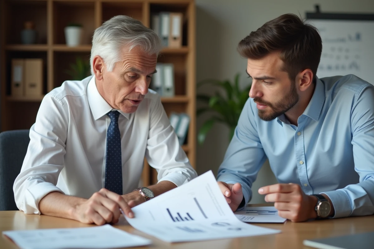 Homme d affaires et coll&egrave;gue discutent vente en r&eacute;union informelle