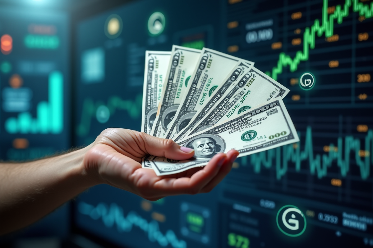 Main tenant des fiches de paie avec Elon Musk et symboles numériques