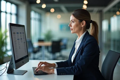 Employée accédant au portail intranet Inetum sur son ordinateur de bureau pour consulter les ressources CSE et représentants du personnel