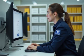 Employée de La Poste face à un écran d'ordinateur pour réinitialiser son mot de passe GTA