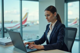 Employée en CDD consultant le portail intranet Intraligne d'Air France sur un ordinateur portable dans un bureau d'aéroport