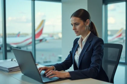Employée en CDD consultant le portail intranet Intraligne d'Air France sur un ordinateur portable dans un bureau d'aéroport