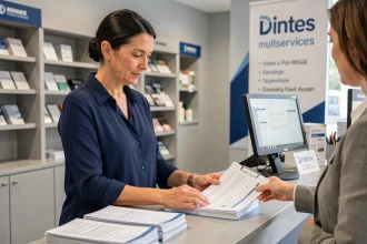 Employée d'un centre multiservices à Rennes aidant un client au comptoir d'accueil