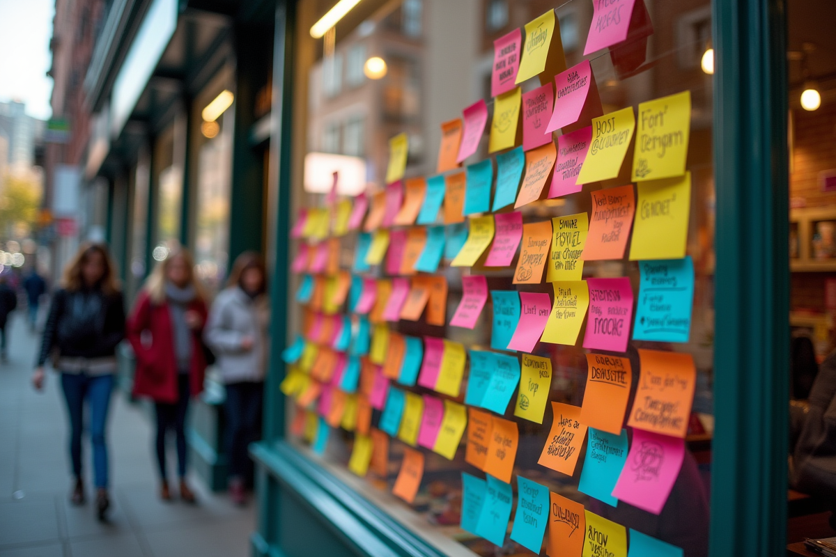 Vitrine de magasin colorée avec slogans créatifs et passants curieux