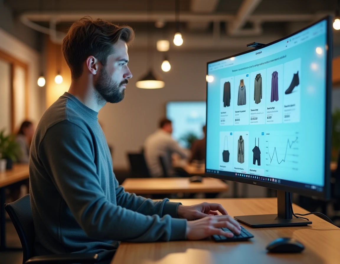 Entrepreneur masculin debout devant un écran affichant un catalogue e-commerce avec des prix et des données de conversion dans un espace de coworking