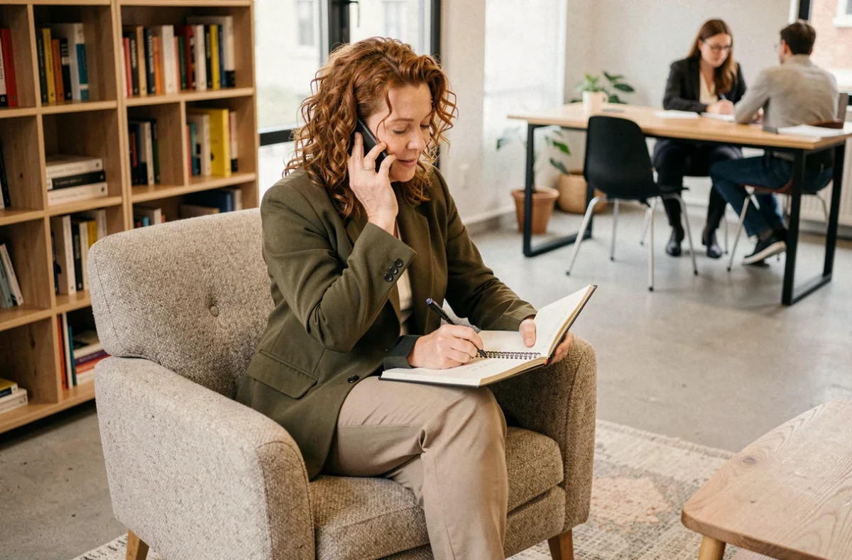 Femme entrepreneur en appel téléphonique dans un espace de détente de coworking à Orléans