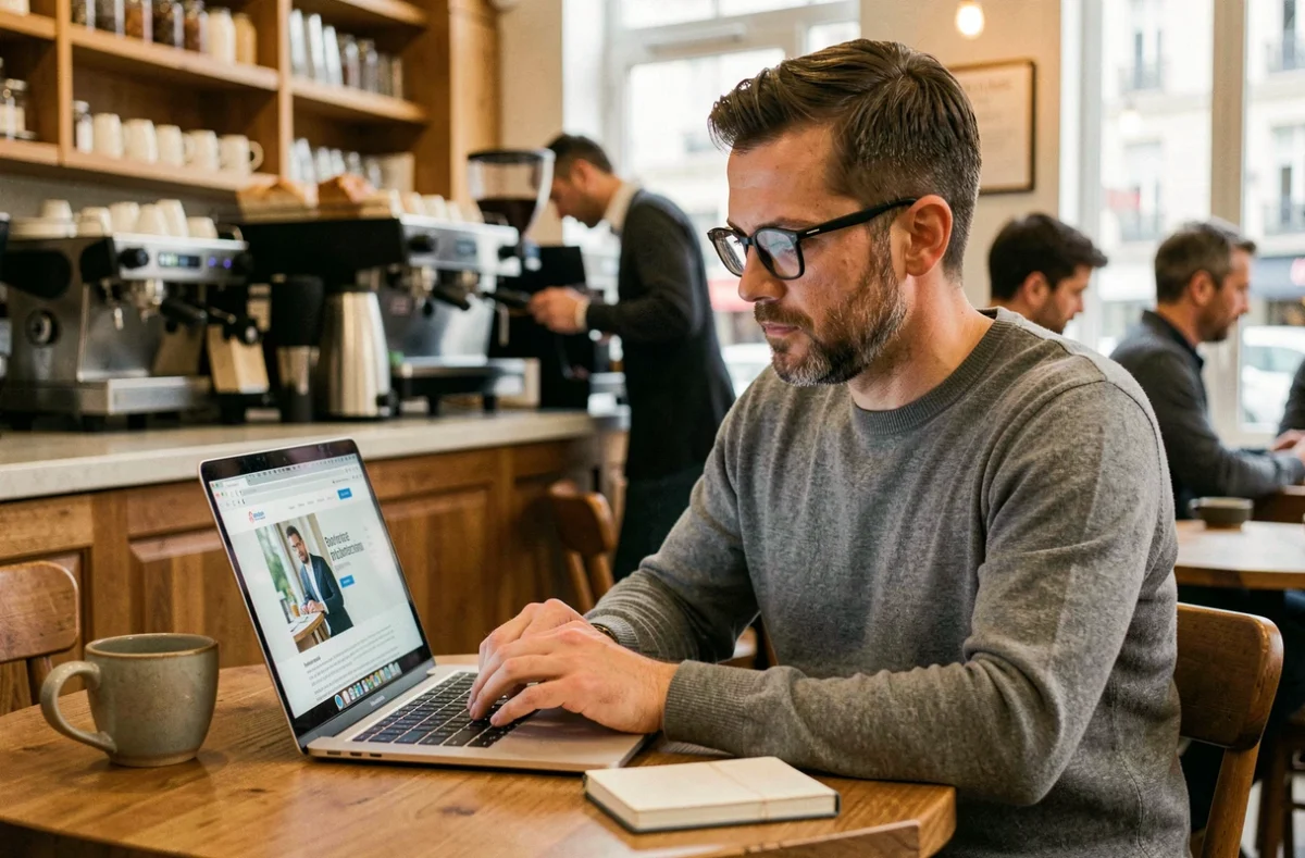 Entrepreneur indépendant évaluant le site d'une agence digitale nantaise sur son ordinateur dans un café