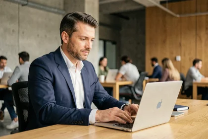 Entrepreneur francophone travaillant sur son business en ligne dans un espace de coworking moderne en 2026