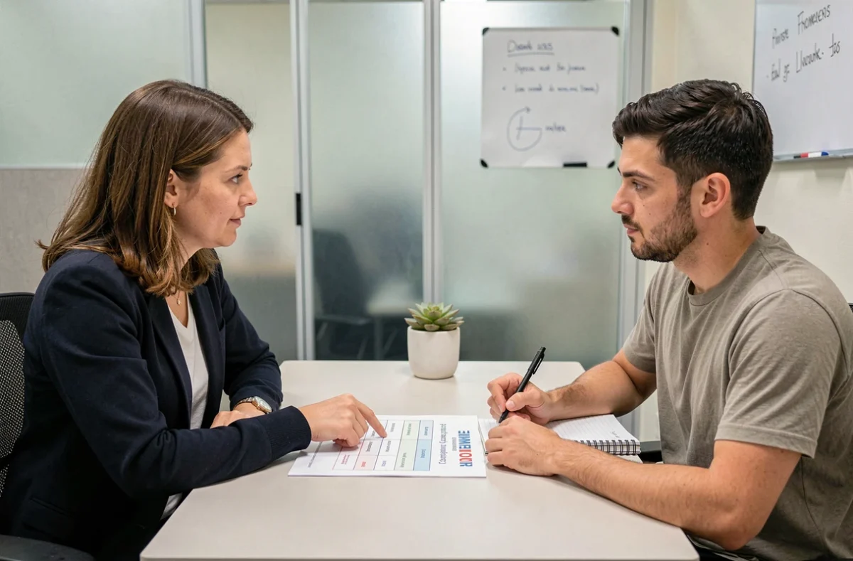 Entretien entre un conseiller emploi et un demandeur d'emploi autour du référentiel ROME dans une salle de consultation