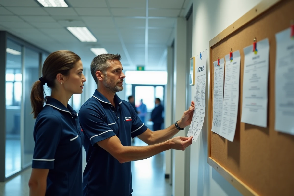 Deux membres de l'équipage Air France consultant un planning mensuel affiché dans un couloir opérationnel d'aéroport