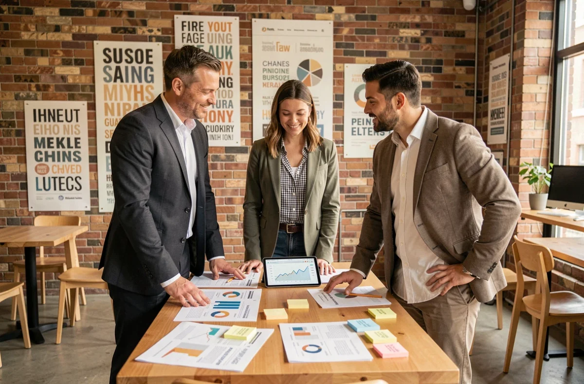 Équipe de consultants digitaux en réunion de travail autour d'un tableau d'analyse dans un espace de coworking