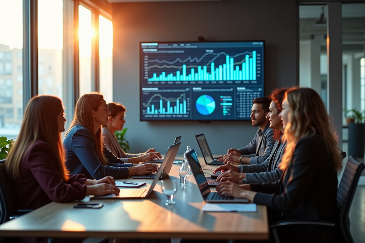 Equipe diverse analysant des données marketing en réunion