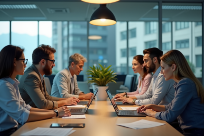 Groupe de professionnels en réunion dans un bureau moderne