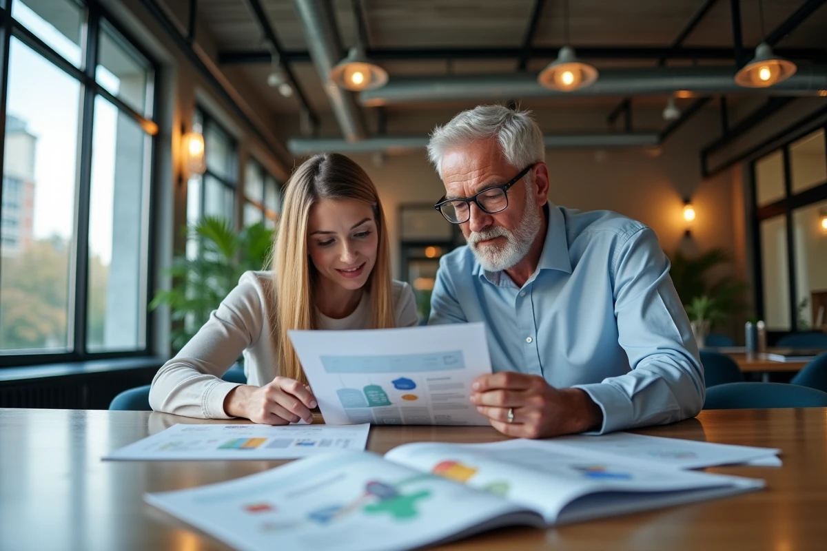 Equipe discutant brochure design dans espace coworking