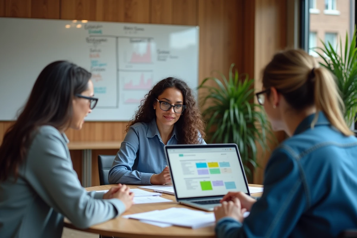 Équipe de professionnels de la finance collaborant sur des seuils KRI et matrices d'alerte lors d'une réunion de travail
