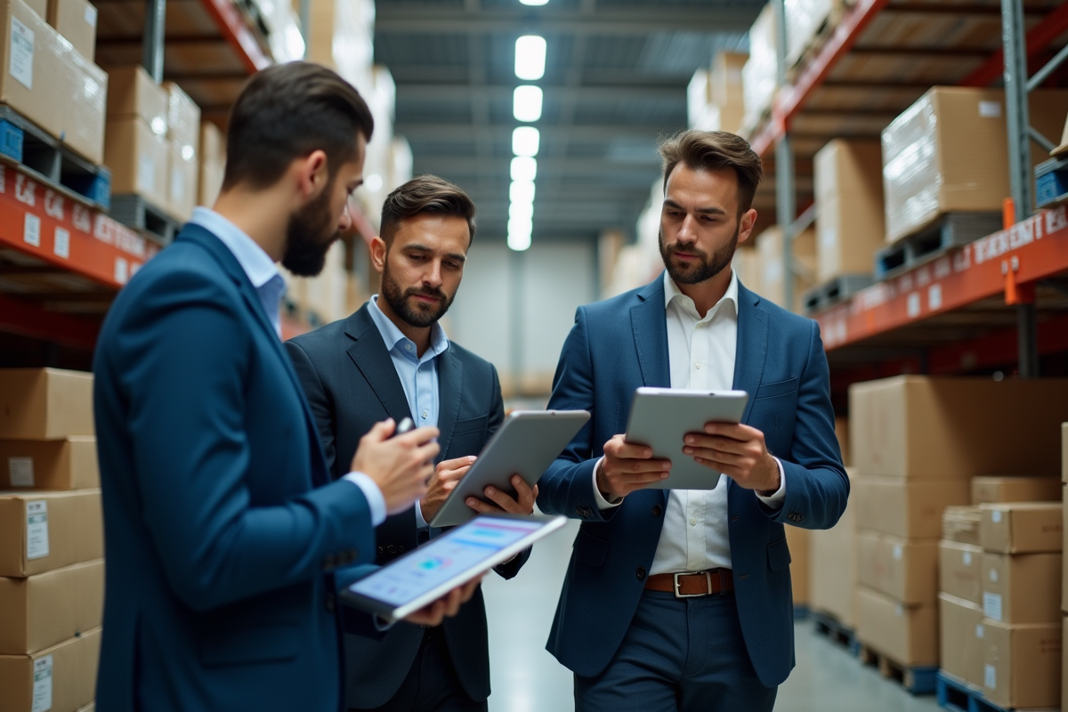 Equipe professionnelle analyse inventaire sur tablettes dans un entrepôt moderne