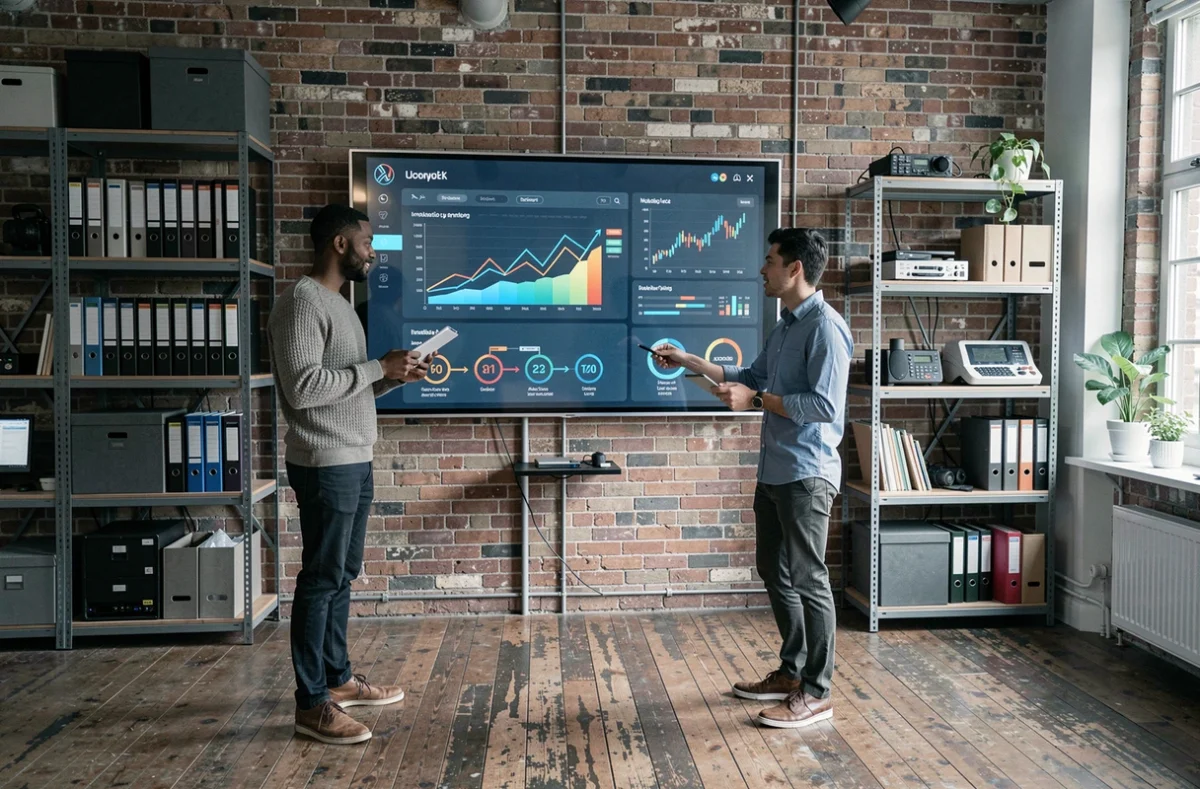 Équipe multiculturelle de professionnels analysant des tendances de marché sur un écran tactile interactif dans un espace de travail innovant