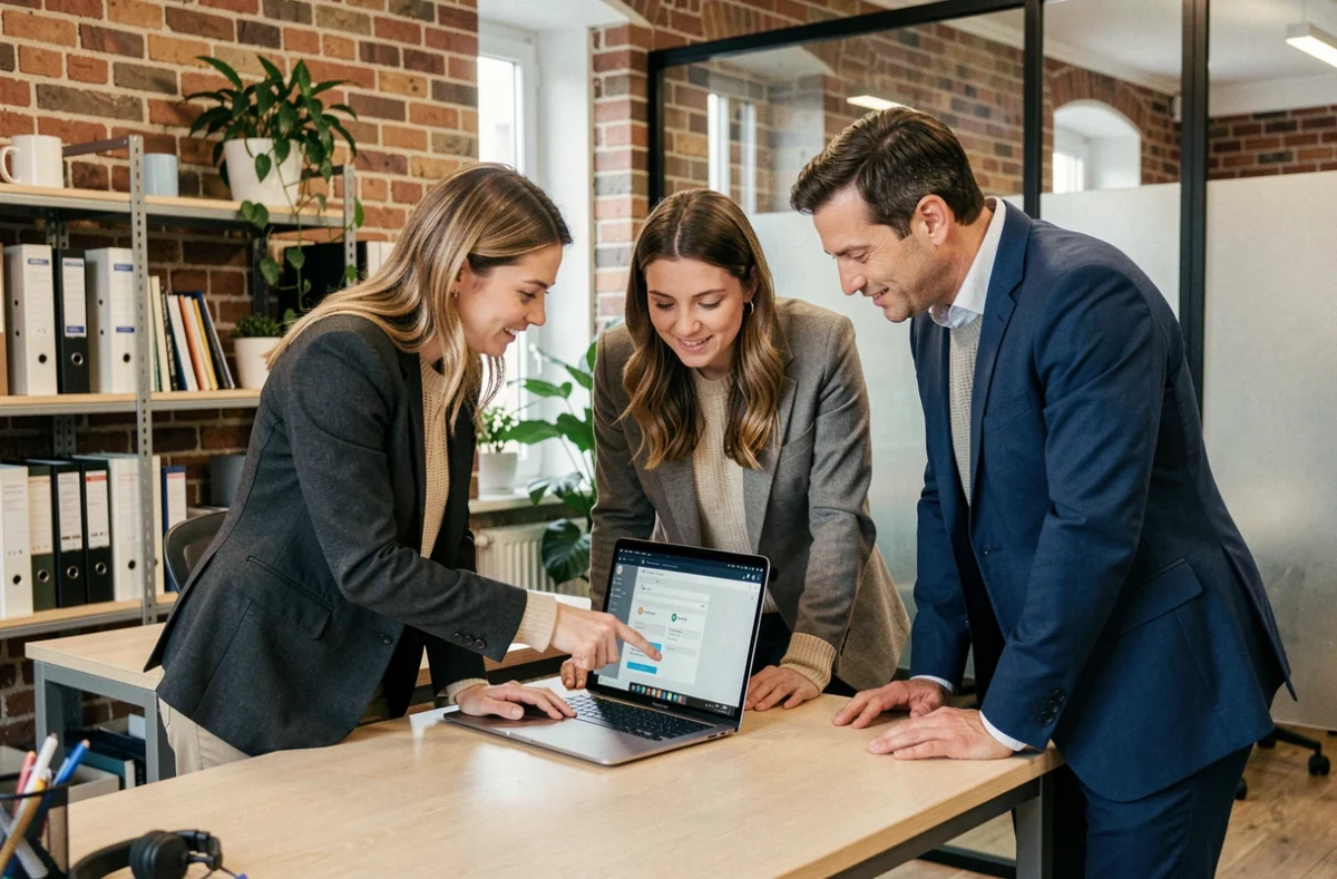 Équipe de managers en réunion debout autour d'un écran affichant un portail intranet de gestion d'équipe à distance