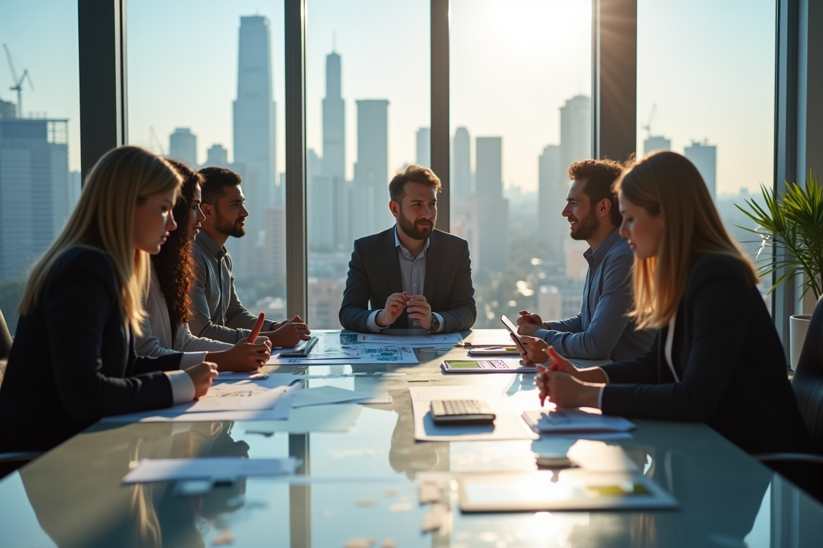 Groupe de professionnels dans un bureau moderne avec plans et tablettes