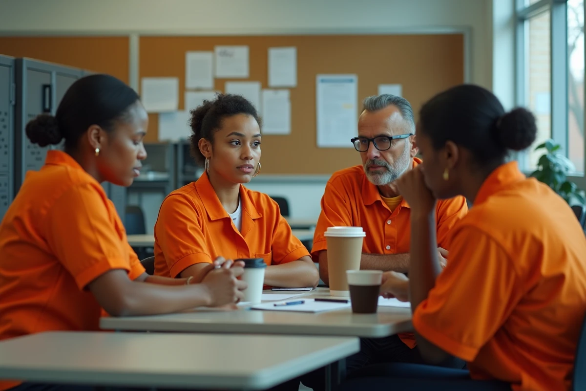 Groupe de travailleurs en pause dans un local de travail