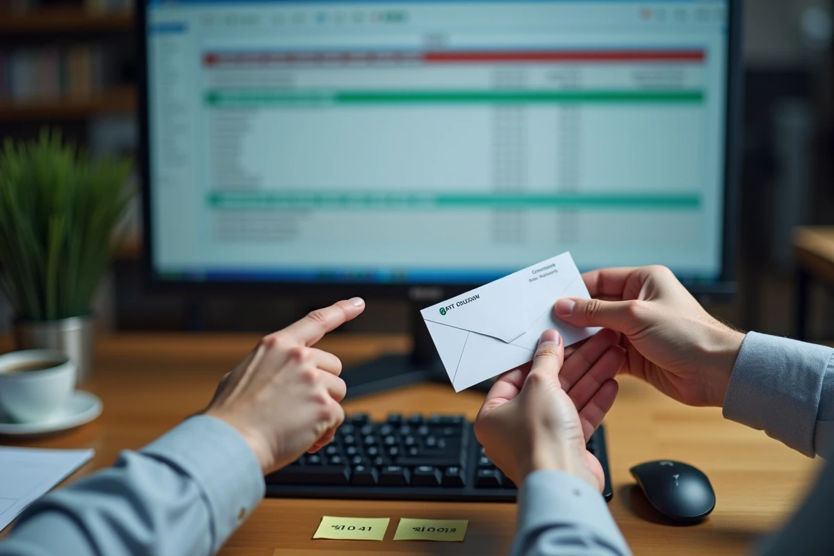 Mains d'un comptable corrigeant des erreurs de compte sur logiciel avec un bon cadeau salarié comme référence